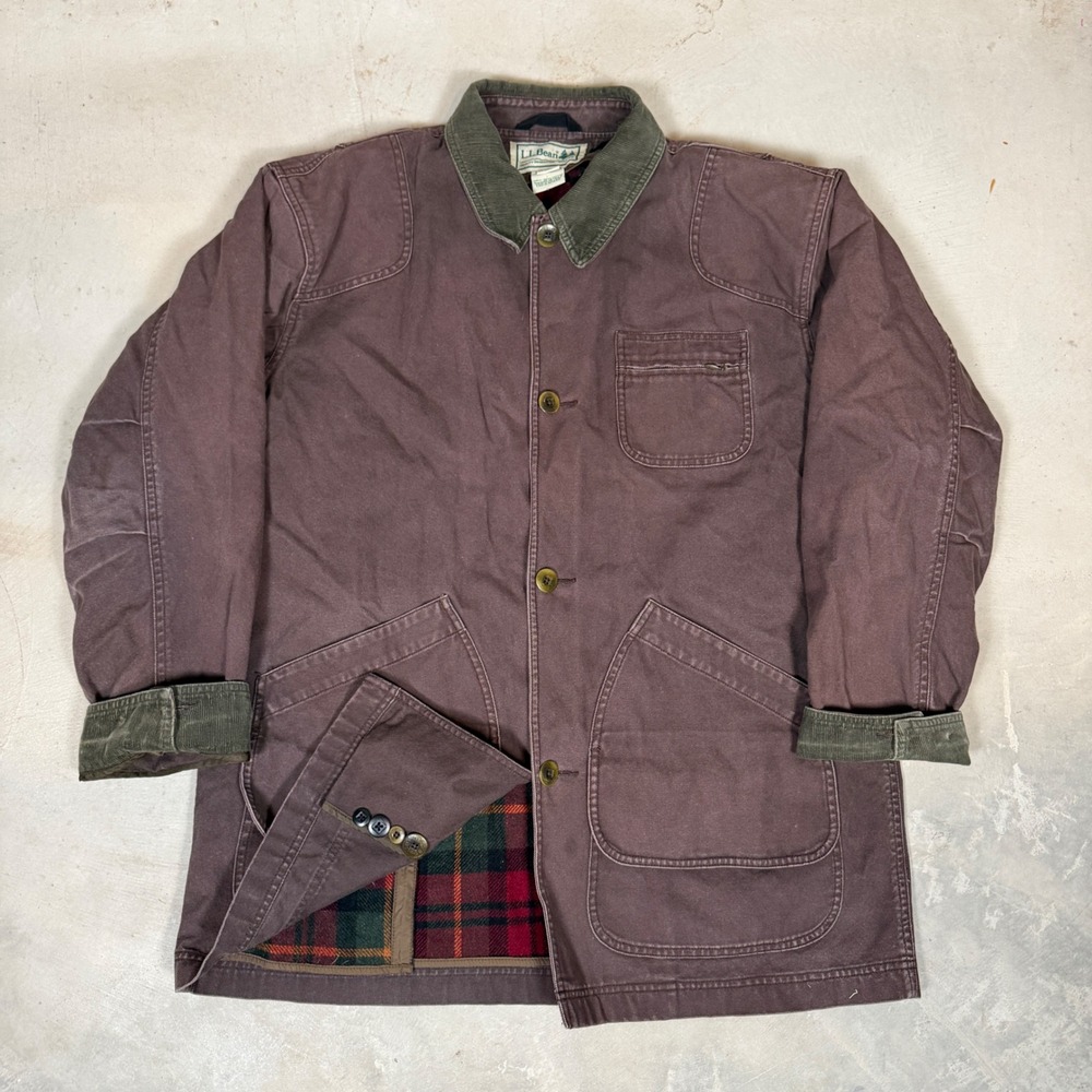 LL Bean Mens Original Field Coat Barn Jacket Plum Canvas Wool Plaid Lined L Tall